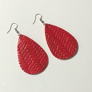 Red Herringbone Teardrop Earrings